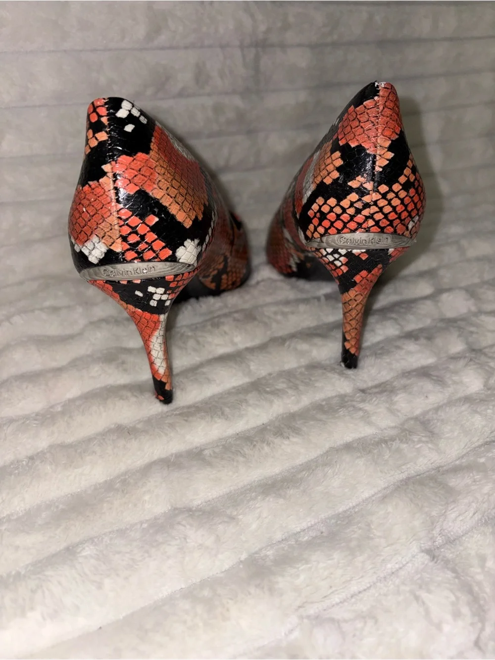 Calvin Klein Orange and Black Snake-Print Pointed Toe Pumps 8M